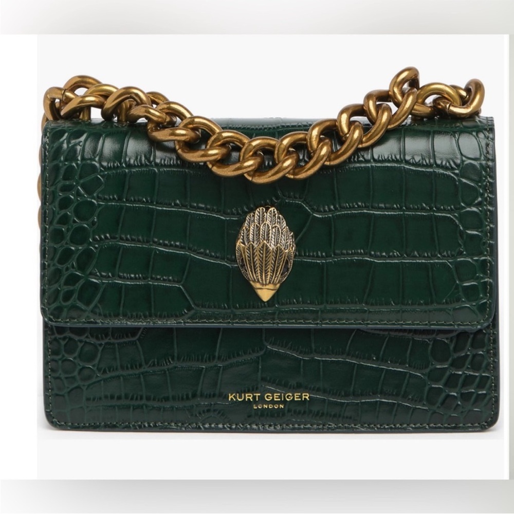 New Kurt Geiger Dark Green Croc-Embossed Crossbody with Gold Chain